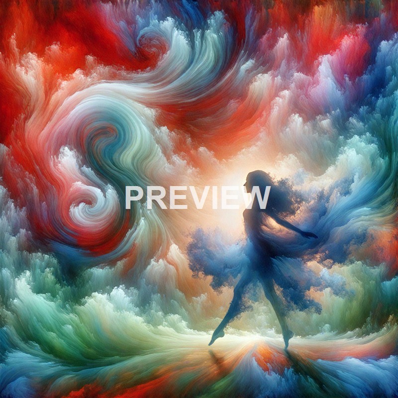 A surreal digital painting of a woman with flowing hair, standing amidst swirling, colorful clouds and abstract waves, with a bright light source behind her.